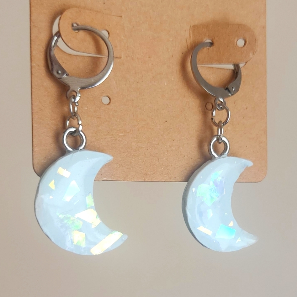 Irridescent Moon Clay Leverback Dangle Earrings